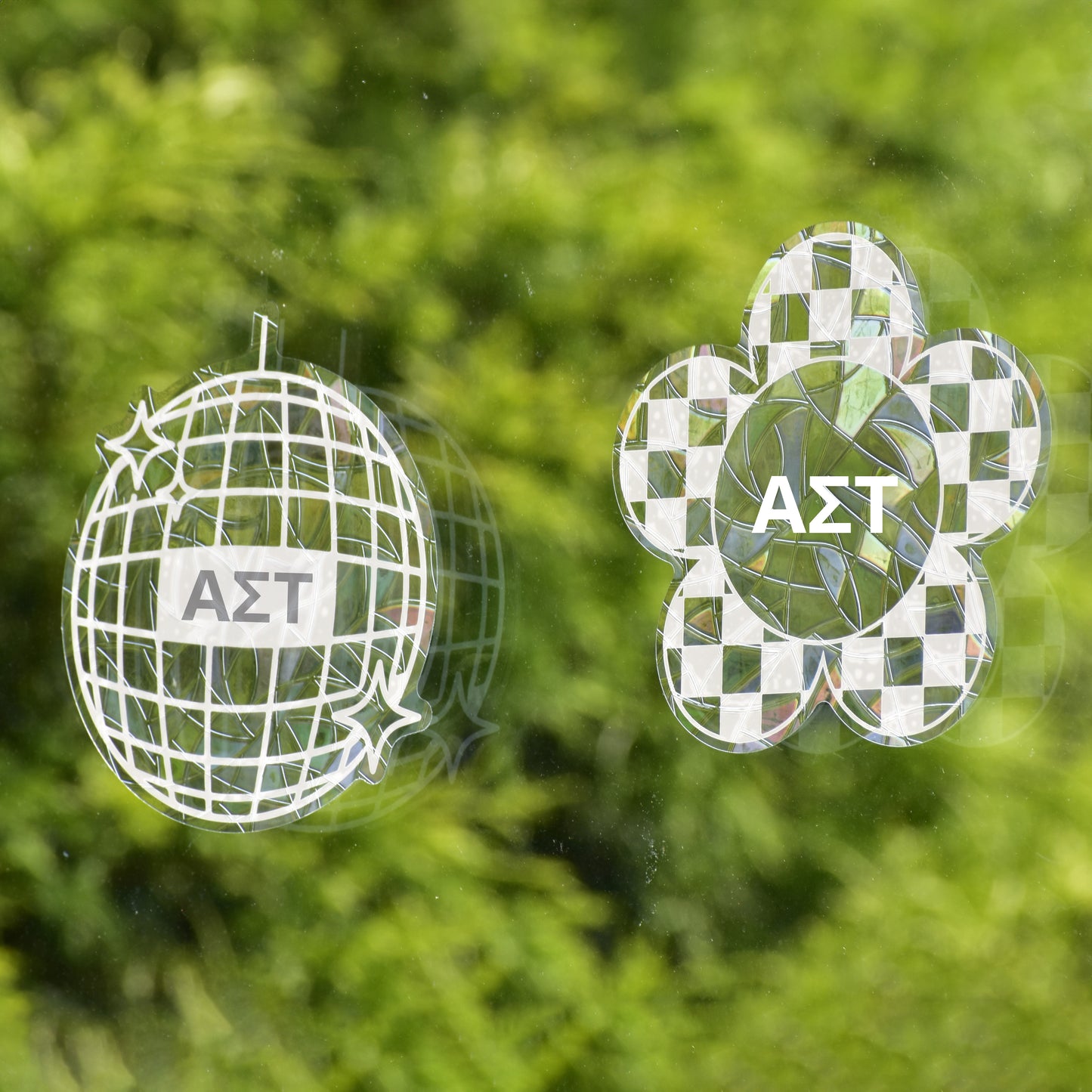 Alpha Sigma Tau Suncatcher Decals- Set of 2: Flower & Disco Ball