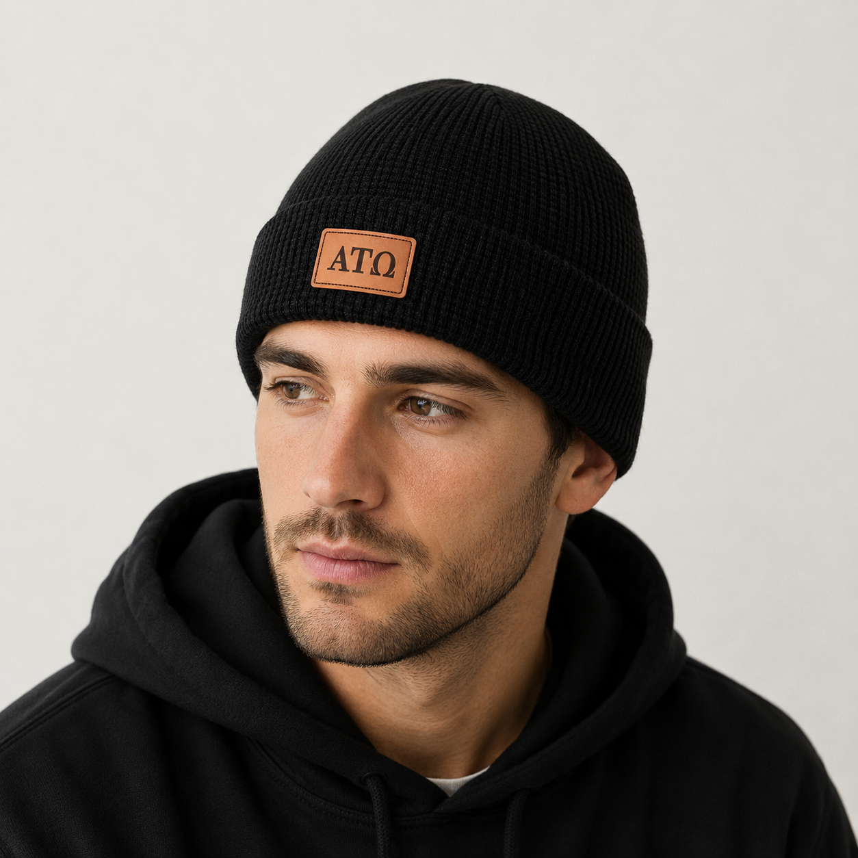 Alpha Tau Omega Fraternity Beanie Hat - Black Winter Hat w/ Greek Letters Patch