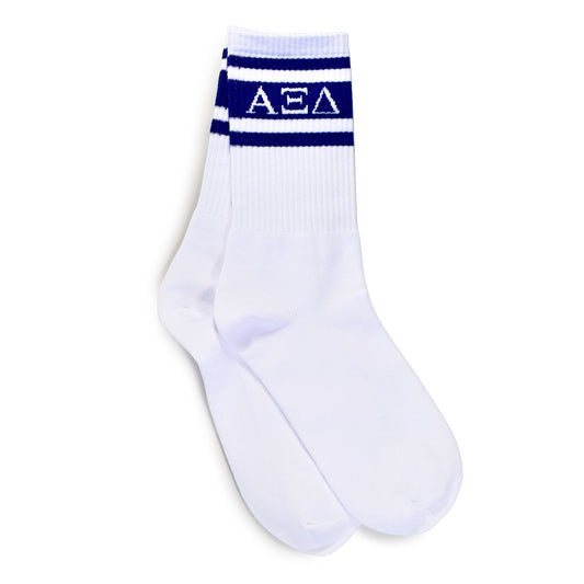 Alpha Xi Delta Socks- Striped Varsity Crew Socks with Greek Letters