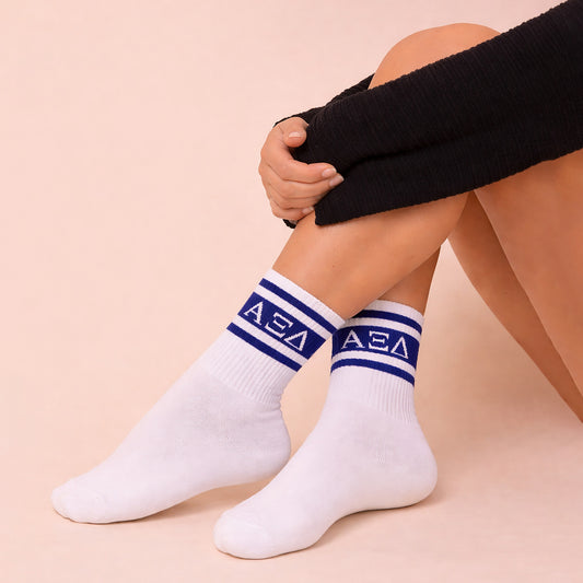 Alpha Xi Delta Socks- Striped Varsity Crew Socks with Greek Letters