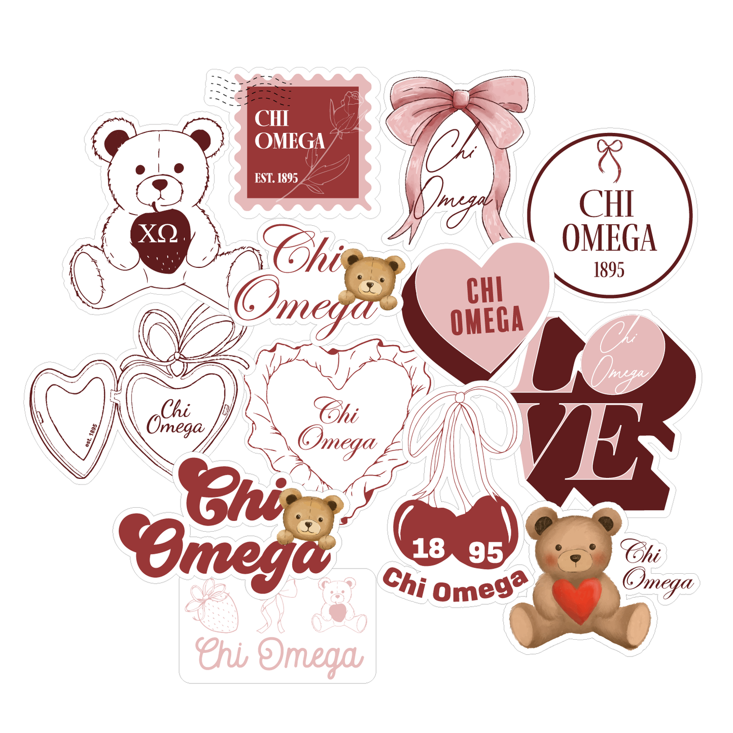 Chi Omega Sticker Sheet- Teddy Bears and Sisterhood Love Theme