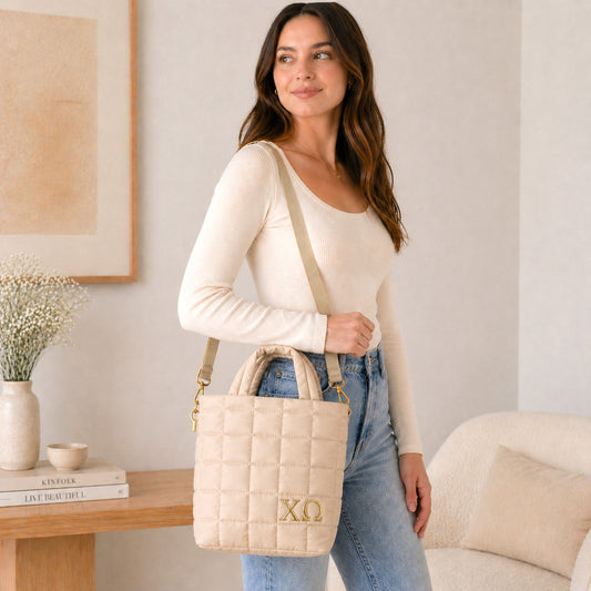 Chi Omega Quilted Tote Bag- Small Crossbody Bag with Greek Letters