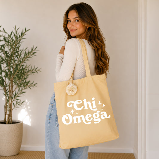 Chi Omega Retro Pom Pom Tote Bag