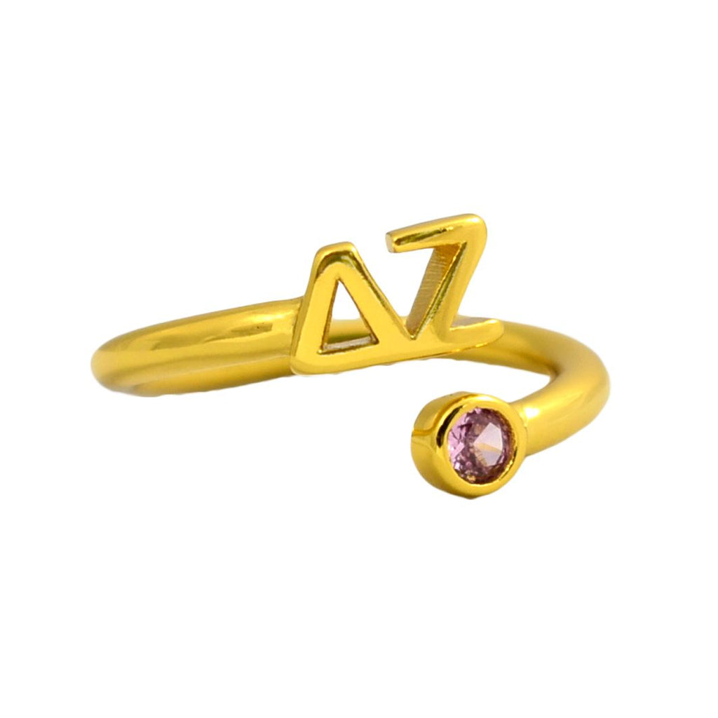 Delta Zeta Ring- Gold Plated with Greek Letters and CZ Gemstone