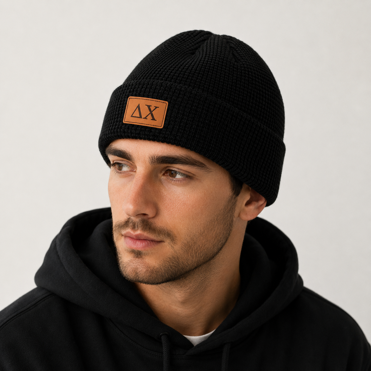 Delta Chi Fraternity Beanie Hat - Black Winter Hat w/ Greek Letters Patch