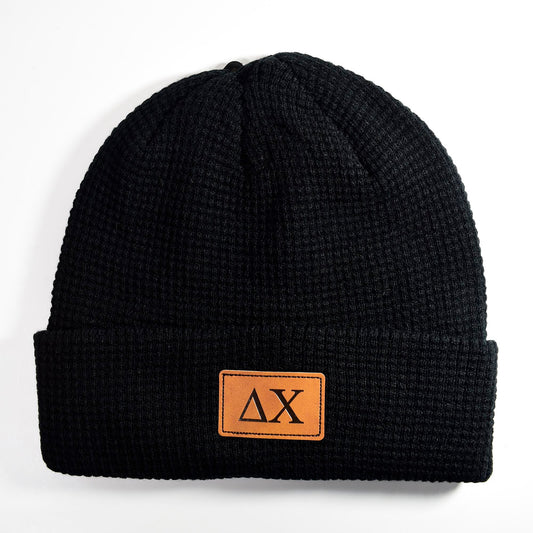 Delta Chi Fraternity Beanie Hat - Black Winter Hat w/ Greek Letters Patch