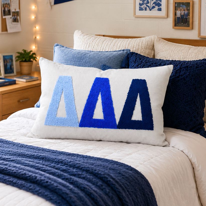 Delta Delta Delta Pillow – Embroidered Plush Greek Letters Design