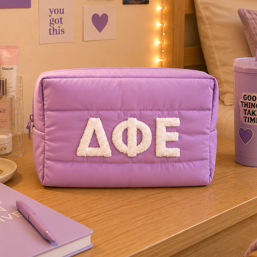 Delta Phi Epsilon Makeup Bag - Puffer Style with Sorority Letters