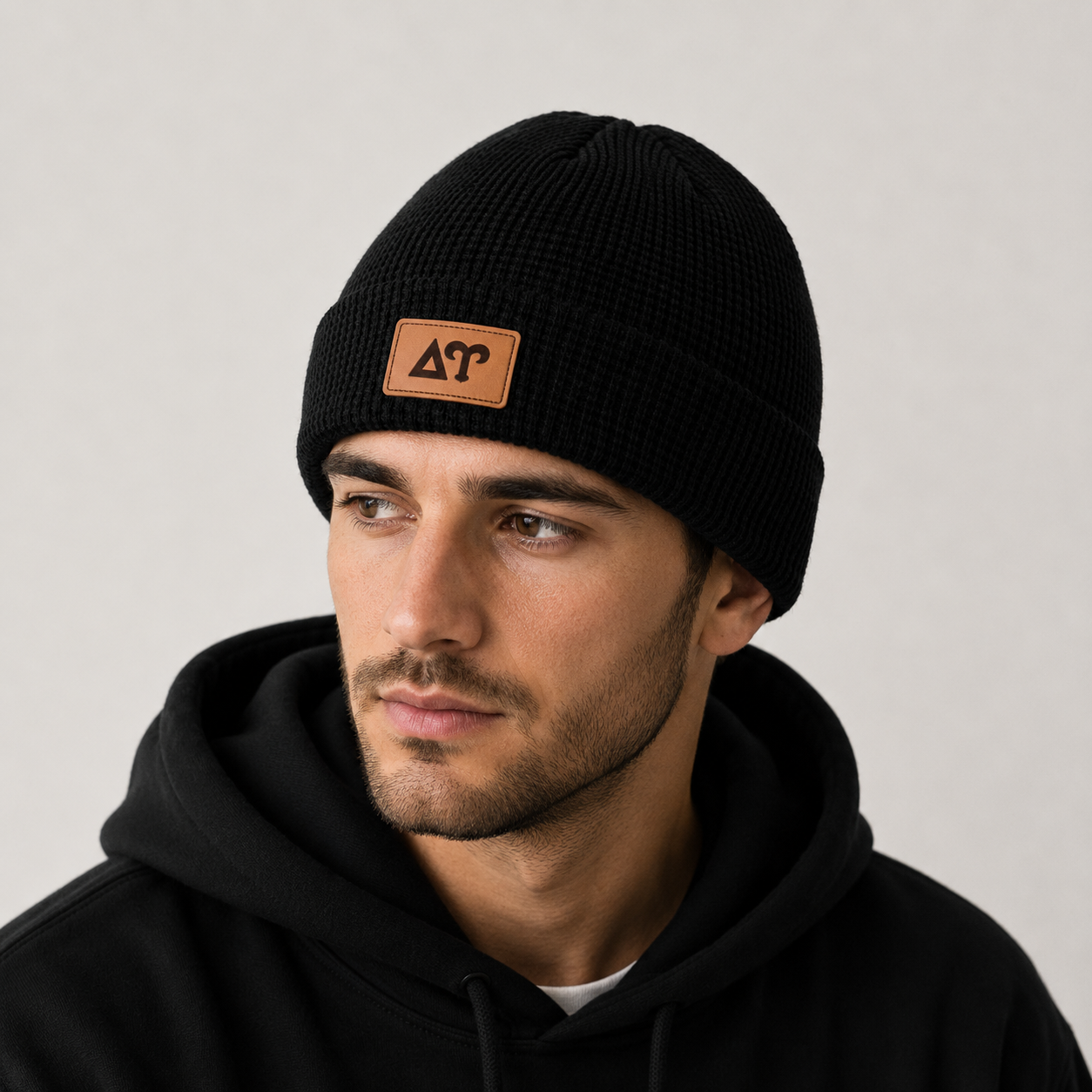 Delta Upsilon Fraternity Beanie Hat - Black Winter Hat w/ Greek Letters Patch