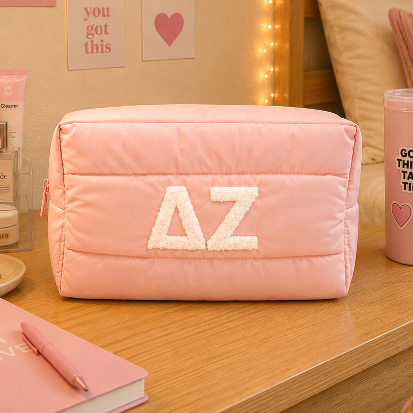 Delta Zeta Makeup Bag - Puffer Style with Sorority Letters