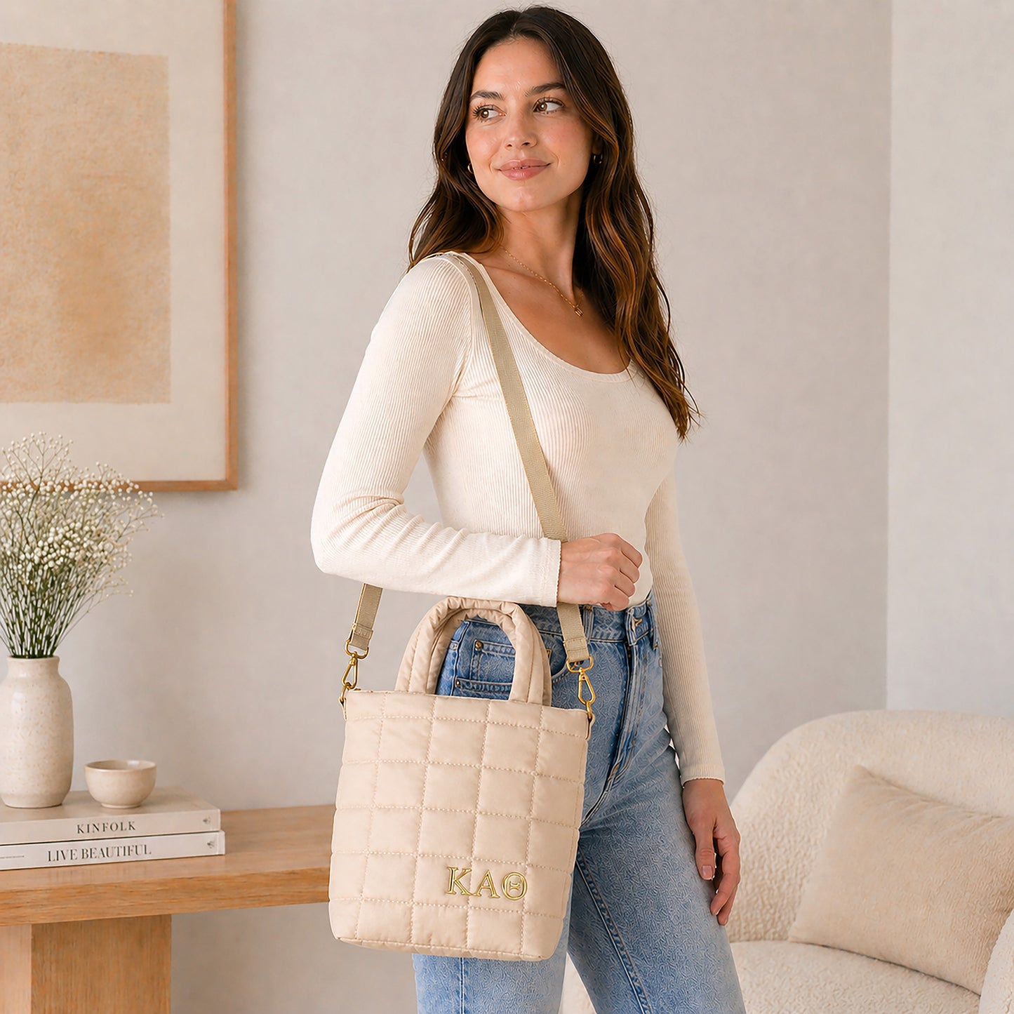 Kappa Alpha Theta Small Crossbody Quilted Tote Bag with Greek Letters
