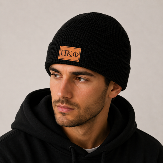 Pi Kappa Phi Fraternity Beanie Hat - Black Winter Hat w/ Greek Letters Patch