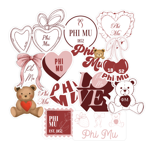 Phi Mu Sticker Sheet- Teddy Bears and Sisterhood Love Theme