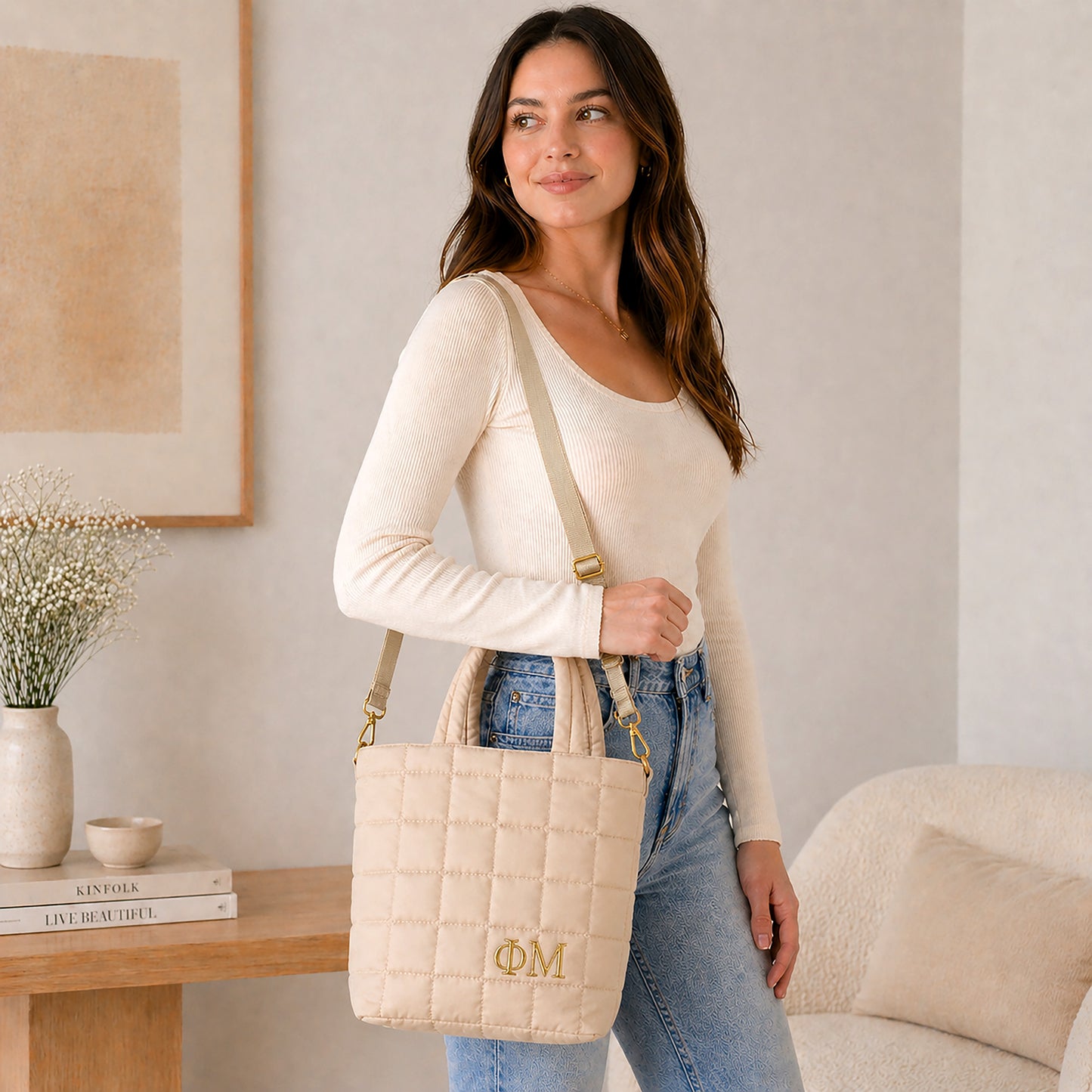 Phi Mu Small Crossbody Quilted Tote Bag with Greek Letters