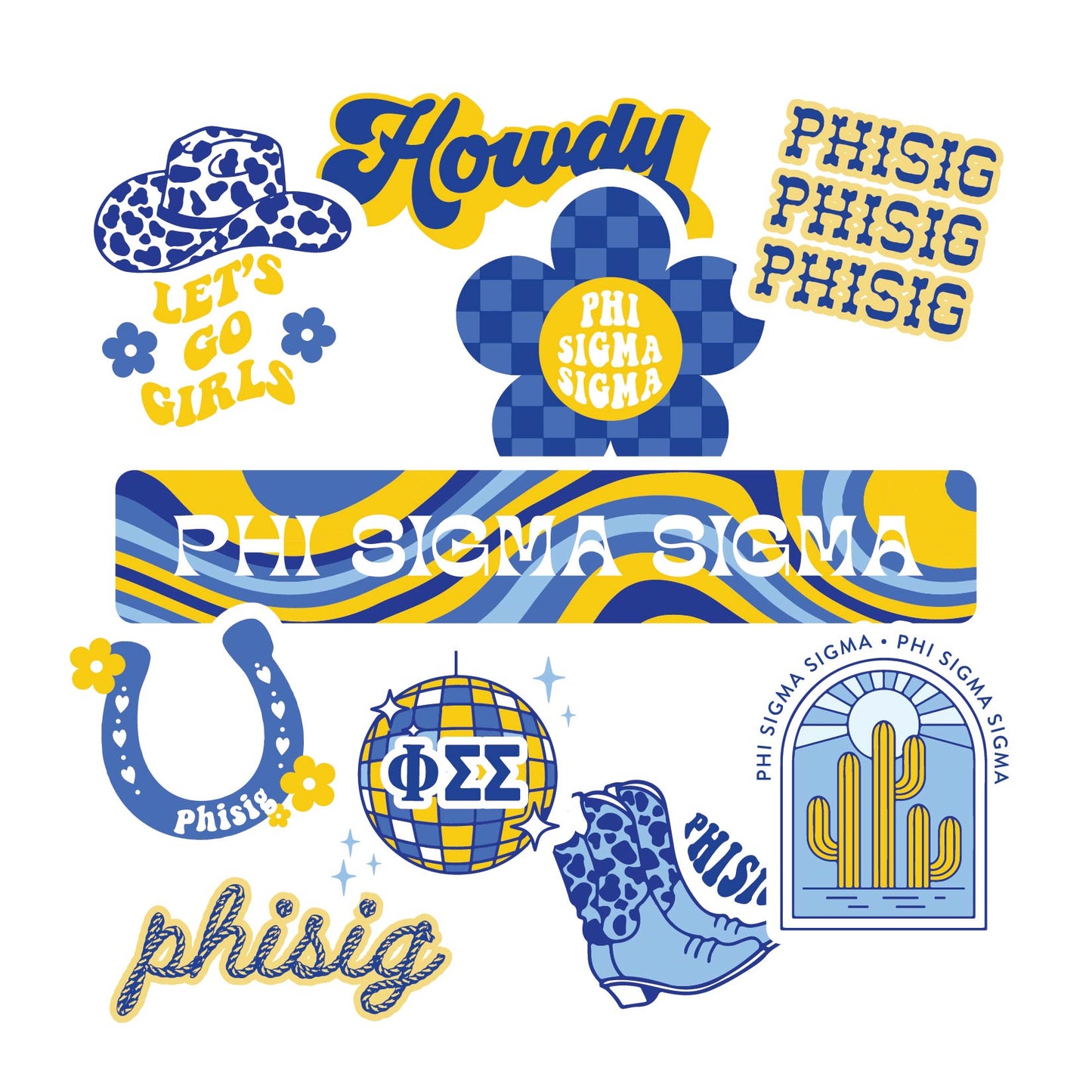 Phi Sigma Sigma Sticker Sheet - Western Disco Design