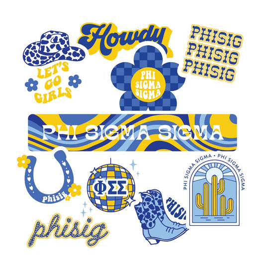 Phi Sigma Sigma Sticker Sheet - Western Disco Design