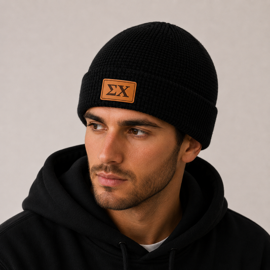 Sigma Chi Fraternity Beanie Hat - Black Winter Hat w/ Greek Letters Patch