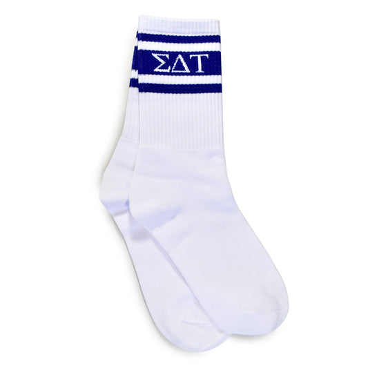Sigma Delta Tau Socks- Striped Varsity Crew Socks with Greek Letters