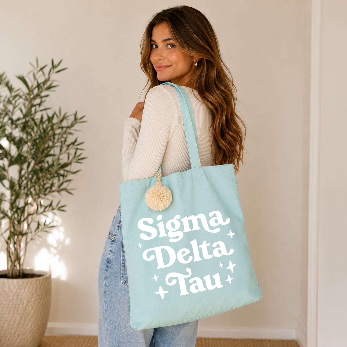 Sigma Delta Tau Retro Pom Pom Tote Bag