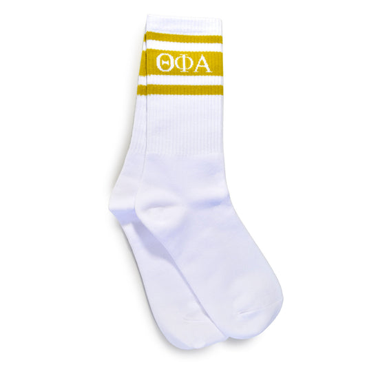 Theta Phi Alpha Socks- Striped Varsity Crew Socks with Greek Letters