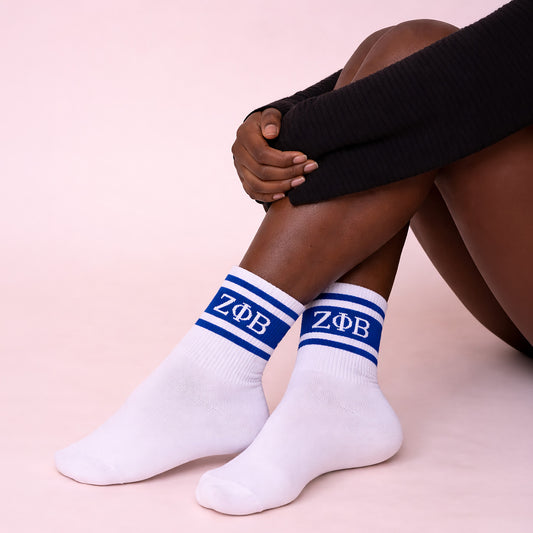Zeta Phi Beta Sorority, Incorporated Socks- Striped Varsity Crew Socks with Greek Letters