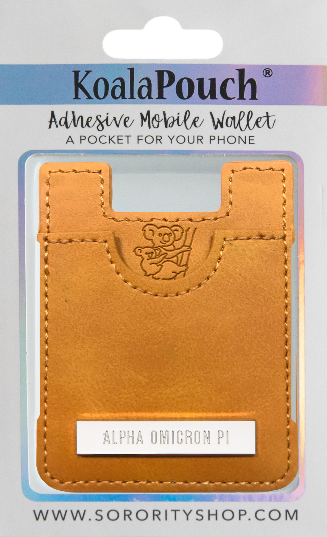 Alpha Omicron Pi Faux Leather adhesive mobile wallet, Koala Pouch