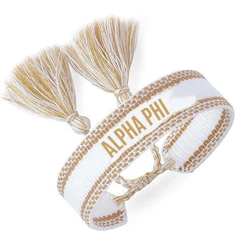Alpha Phi Woven Bracelet, White and Gold Design